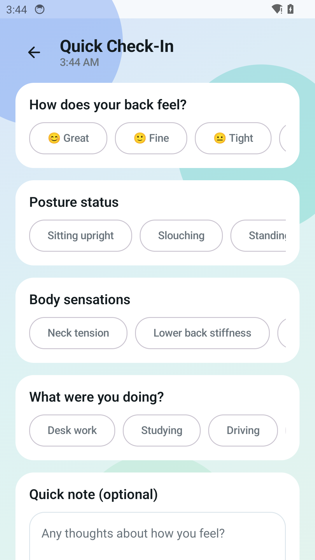 Posture Reminder Journal quick check-in screen