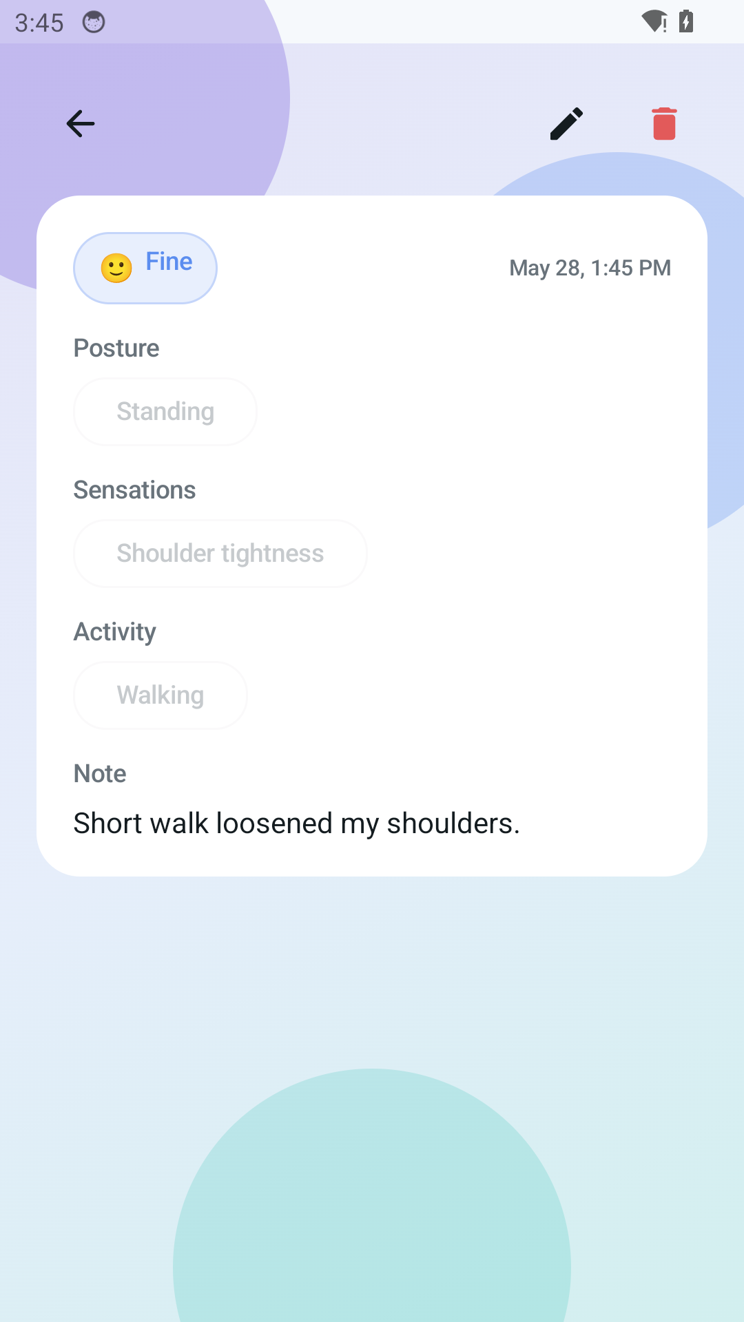 Posture Reminder Journal entry details screen