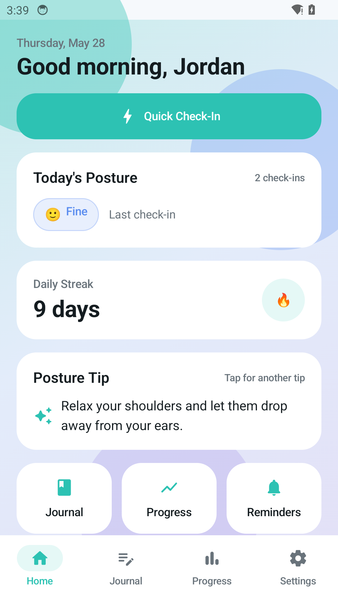 Posture Reminder Journal home dashboard