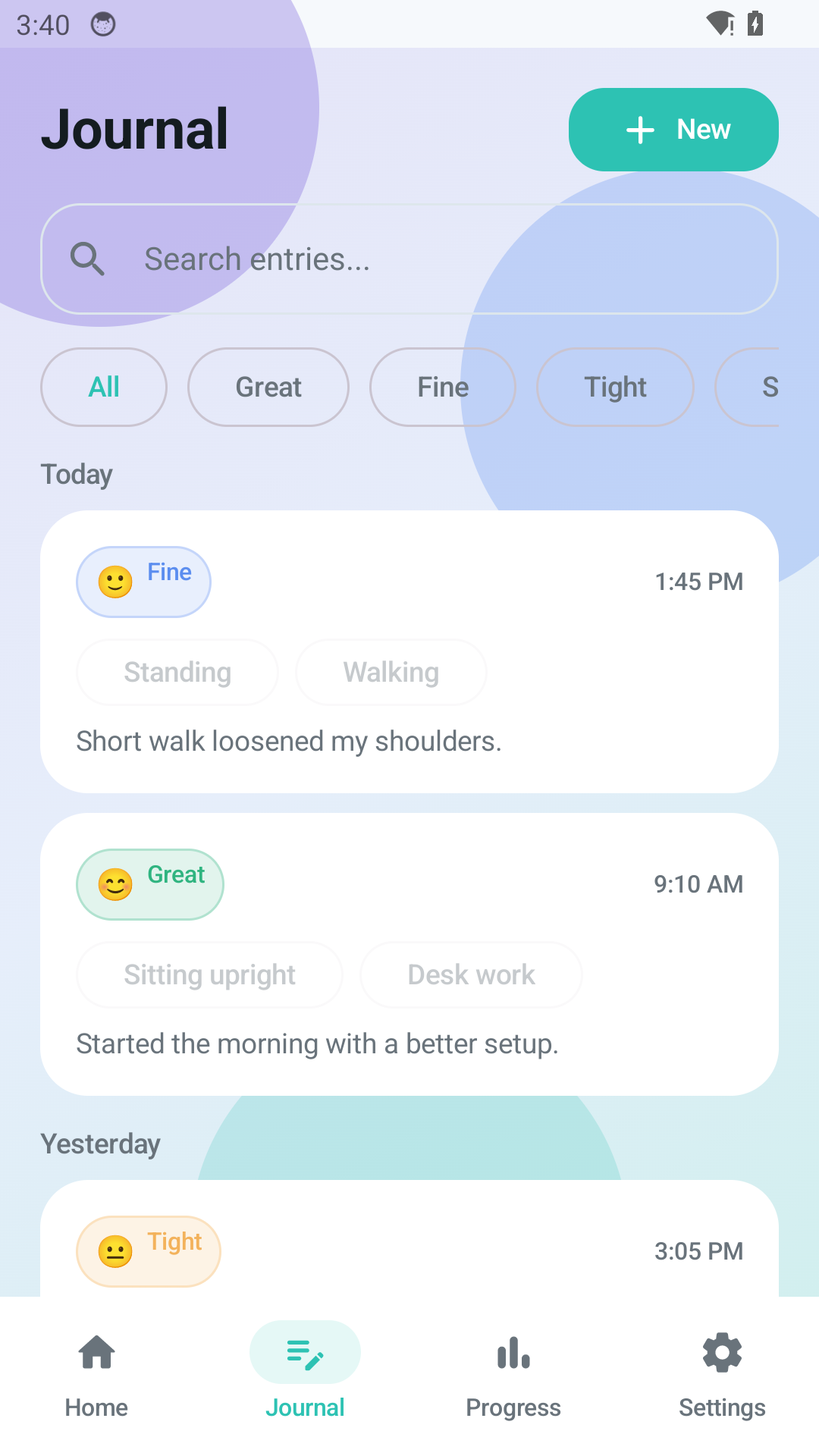 Posture Reminder Journal journal screen